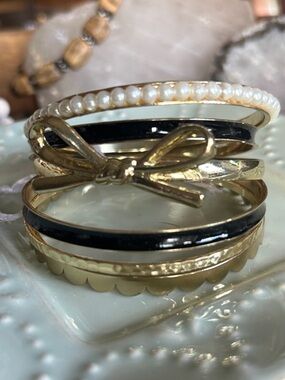 Gold Bow Stackable Bangle Bracelet with Black Enamel and Pearl Accents